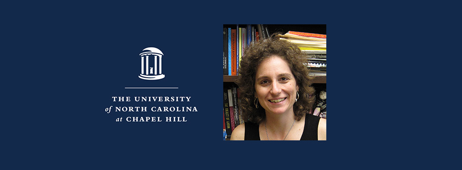 White UNC logo and square headshot of Professor Michele Rivkin-Fish on a Navy background