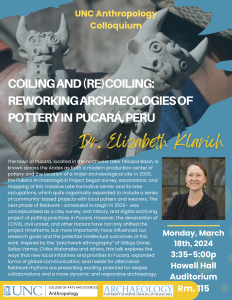 Poster for Elizabeth Klarich talk for the UNC Anthropology Colloquium Series